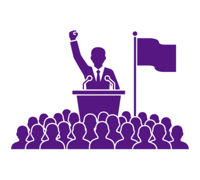 Empowering Leadership Inspiring Change A Silhouette of a Person Speaking to a Crowd with a Flag Symbolizing Unity and Progress