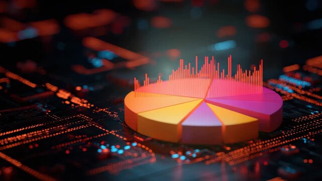 Colorful Pie Chart Displayed on Circuit Board Under Dim Lighting With Orange, Yellow, Red and Purple Color Palette for Business Analytics and Technology Background