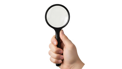 Hand holding magnifying glass against black background