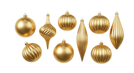 Collection of vintage gold christmas ornaments on black background