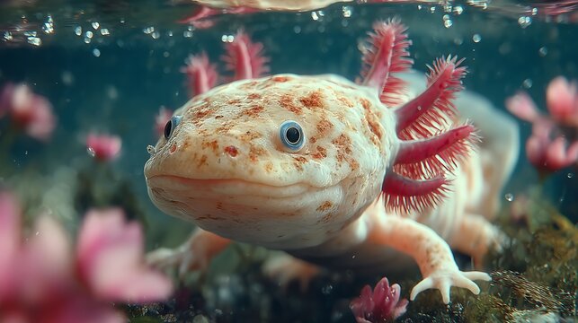 Pink axolotl floating underwater soft reflections images