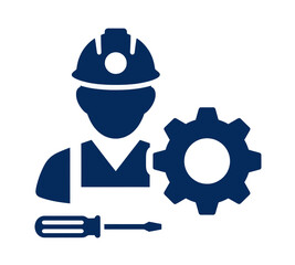 Silhouette of Mechanic with Hardhat, Gear, and Screwdriver Depicts Engineering, Repair, and Industrial Concepts in Dark Blue Against Black