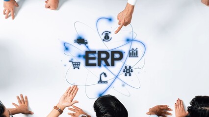 A captivating visual representation of ERP concepts, showcasing hands pointing at essential elements, emphasizing teamwork and digital innovation in business processes. Raster