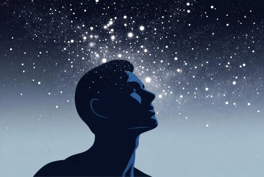 Human silhouette gazing into cosmic star field
