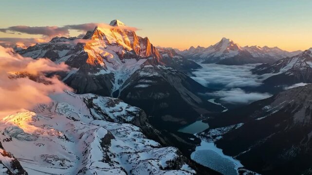 Wide panoramic aerial shot panning left across Banff&rsquo;s snow-capped ranges, golden sunrise hitting mountaintops, clouds glowing softly, serene cinematic feel