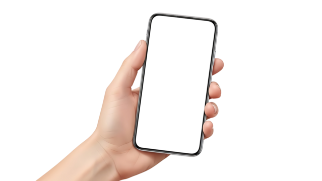 Hand holding a smartphone with a blank white screen