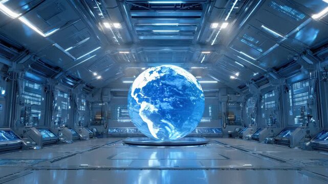 Futuristic Spacecraft Interior with a Glowing Blue Earth Globe and Reflective Floor in Metallic Blue Tones Under Bright Ambient Light Ideal for Adobe Stock