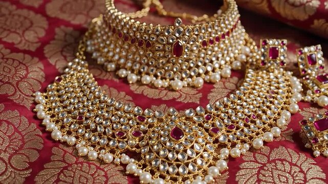 Exquisite traditional indian bridal jewelry set featuring a heavy gold choker necklace and matching earrings with kundan and ruby stones on red brocade fabric