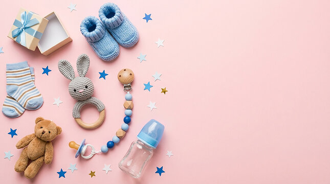 Flat lay composition with baby accessories on pink background. Space for text