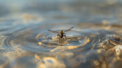 Dragonfly landing on water surface with ripples and reflection