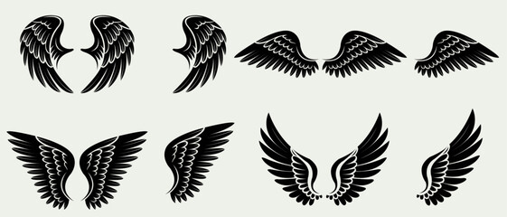 Angel wings vector designs in diverse styles for apparel tattoo logo or emblem creation, symbolizing flight, freedom, strength, and spiritual protection, perfect for masculine or feminine concepts.