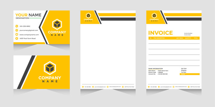 Business stationery vector template set featuring double sided business card, letterhead, invoice, and hexagonal logo, editable for professional corporate identity use.