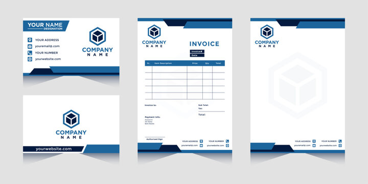 Business stationery vector template set featuring business card, letterhead, invoice, and logo design, editable for professional corporate identity use.