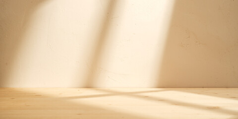 Wooden table mockup on stucco background with branch shadows on the wall. Mock up for branding...