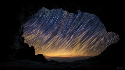 A cave with a star trail in the sky