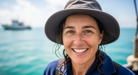 Smiling middle aged caucasian woman wearing gray wide brim hat and blue collared shirt standing on tropical beach pier with turquoise ocean and boat in background during sunny day vacation