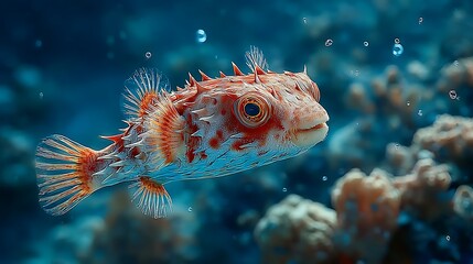 Fototapeta premium Pufferfish inflated underwater coral reef detailed spikes images