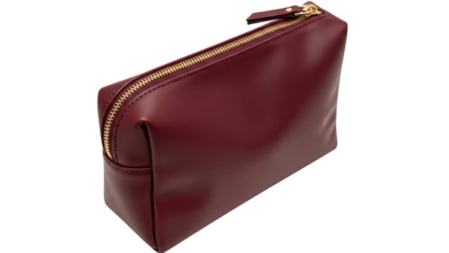 Burgundy leather makeup bag with gold zipper