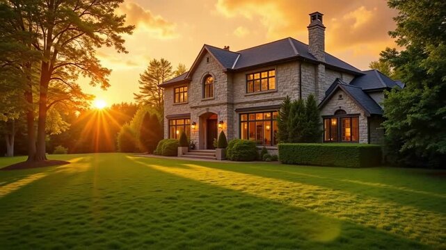 Luxurious stone house with manicured lawn bathed in the warm glow of sunset light creating a serene and inviting atmosphere for upscale living