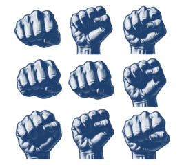 Nine Silhouettes of Fists Clenched in Solidarity Against a Black Backdrop of Emptiness and Uncertainty, with the Image's Background Being Transparent