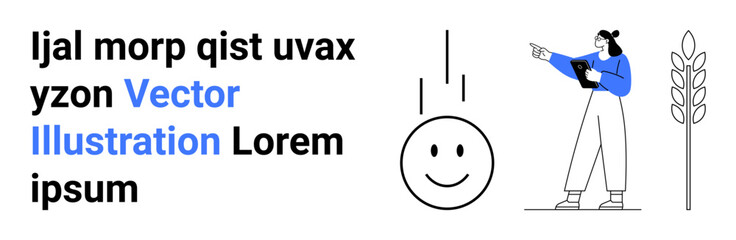Woman holding tablet gestures thoughtfully at a falling happy face. Text elements and wheat stalk complete the minimalist design. Ideal for education, creativity, data analysis, teamwork, business