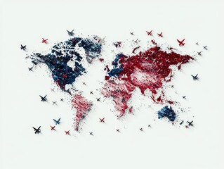 Abstract world map illustration with airplanes and dots on a white background. Represents global travel, conflict, or data visualization.