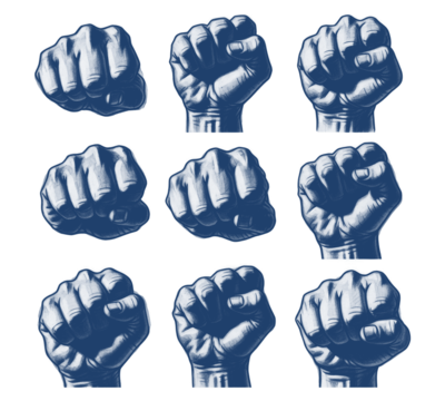 Nine Silhouettes of Fists Clenched in Solidarity Against a Black Backdrop of Emptiness and Uncertainty, with the Image's Background Being Transparent - Powered by Adobe