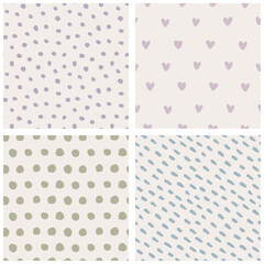 Seamless polka dot, mottled and hearts patterns collection. Vintage childish abstract background with white and purple blue pink green soft colors. Hand-drawn brush strokes textures.