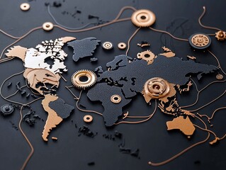 A detailed world map is depicted with gears and connecting lines, set against a dark background, symbolizing global connectivity and technology.