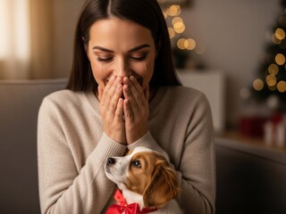Woman overwhelmed with emotion hugging a puppy during the holidays