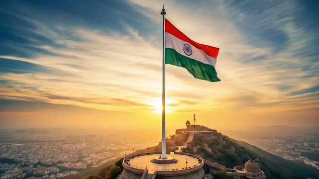 Aerial View of Indian Flag on Hilltop with Cityscape Background, 26 January, Republic Day, Independence Day, 15th August.