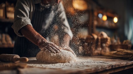 Baker kneading dough and dusting flour across a rustic wooden counter in a cozy artisanal bakery