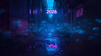 Futuristic neon 2026 sign glowing against a moody cyberpunk alley, reflective wet pavement, bokeh lights.