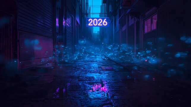 Futuristic neon 2026 sign glowing against a moody cyberpunk alley, reflective wet pavement, bokeh lights.
