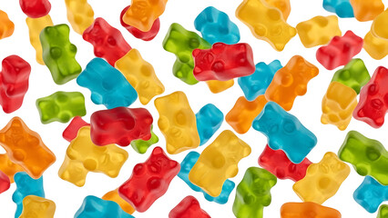 Colorful gummy bears scattered on black background