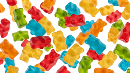 Colorful gummy bears scattered on black background