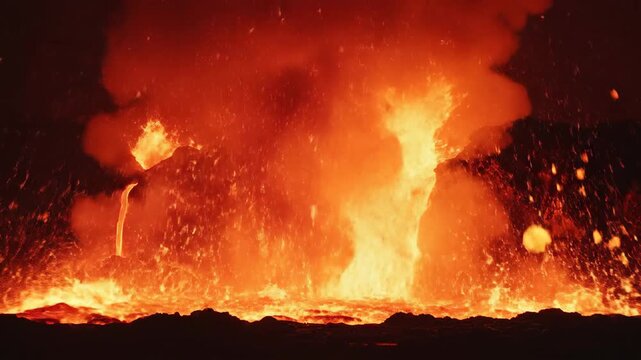 Fiery Volcanic Eruption with Molten Lava Flowing Down Slope at Night