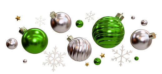 Card with festive Christmas baubles, stars and snowflakes. PNG.