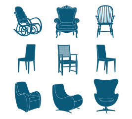 Explore a collection of chair silhouettes, from rocking chairs to armchairs, each exuding comfort and style, perfect for interior design projects