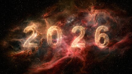 A space scene with the year written in the middle