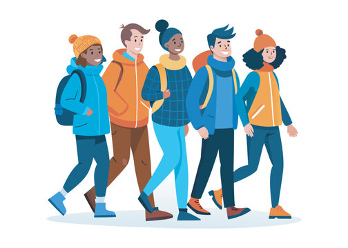 Diverse group of five young adults wearing winter clothing and backpacks walking together vector illustration logo creative icon on white background
