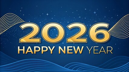 Golden 2026 happy new year text with abstract blue wavy background and sparkling particles celebrating the upcoming year with festive elegance