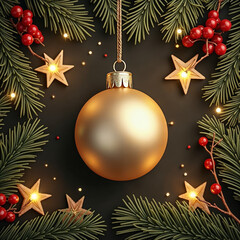 Golden Ornament Hanging with Green Branches Red Berries Wooden Stars on Black