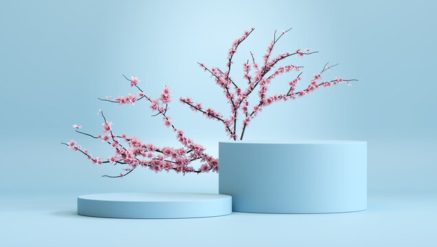Blue podium display with branches of cherry blossoms for product presentation. 3D render.