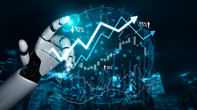 A captivating image of a robotic hand engaging with dynamic financial charts and graphs, representing the fusion of technology and finance in a digital age. Scalp