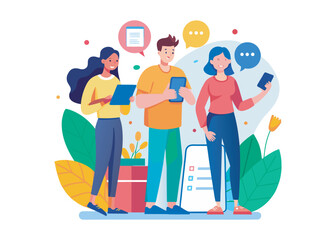 Diverse people comparing shopping lists using smartphones in casual setting with abstract background and vibrant colors vector illustration logo creative icon on white background