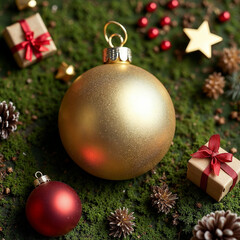 Festive Golden Christmas Ornament on Mossy Green Surface with Gifts