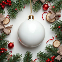 White Christmas Ornament with Green Pine Branches and Red Berries on White