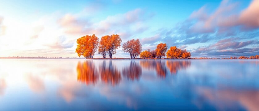 A scenic landscape featuring a tranquil lake reflecting trees and a colorful sky at sunset. The image captures the beauty of nature and the serene atmosphere. - Powered by Adobe