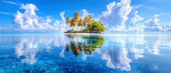 A beautiful tropical island with palm trees and lush greenery reflected in the calm, clear water under a bright blue sky filled with fluffy white clouds. The sc